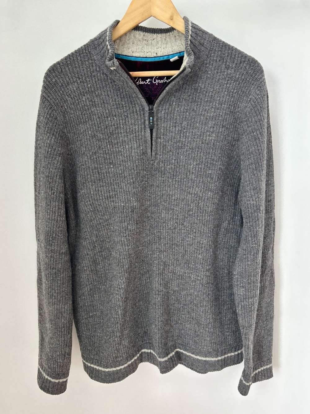 Robert Graham 100% Wool Quarter Zip Sweater Grey Men’s L Classic Fit